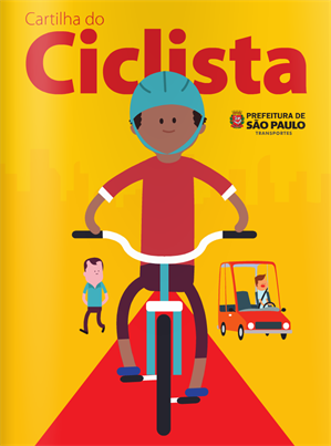 Ilustração mostra um garotinho andando de bicicleta de capacete azul, na parte superior ao centro da ilustração a palavra " ciclista" escrita em vermelho